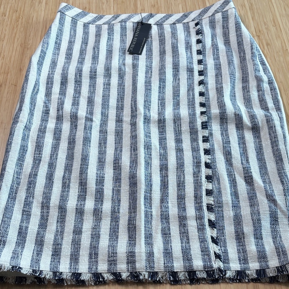 Banana Republic Navy and White Striped Pencil Skirt with Fringe